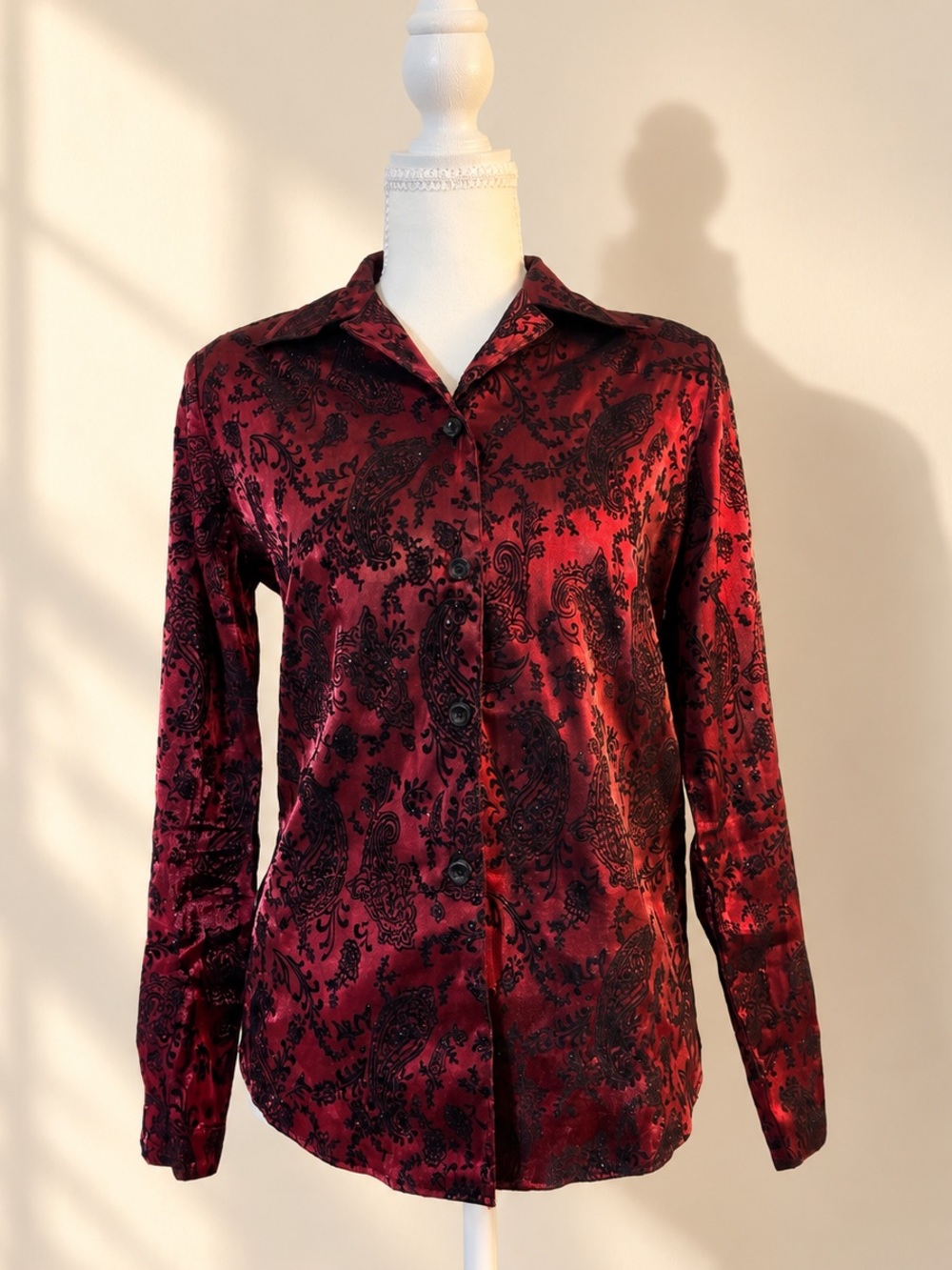 Dressbarn Burgundy Red Black Paisley Button Front Blouse Small
